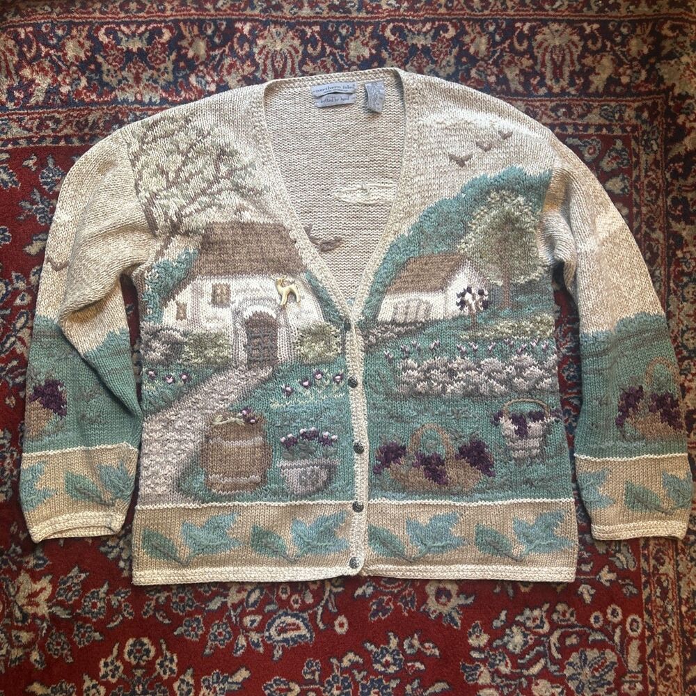 VTG Northern Isles M Ramie Cotton Cottage Core Cardigan With Deer Pin